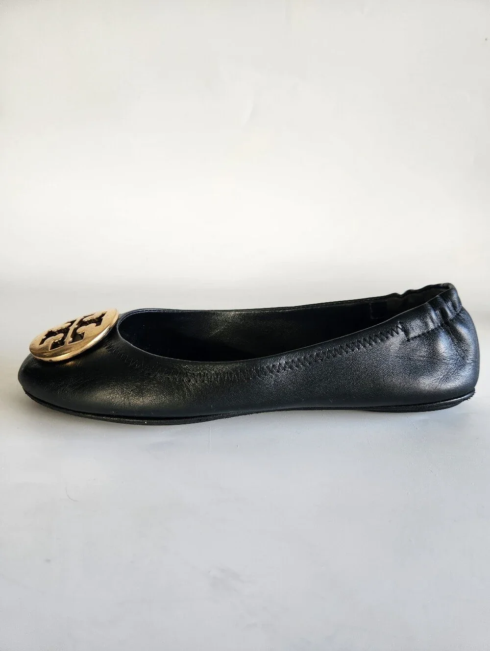 Tory Burch Classic Minnie Ballet Flat Black and Gold Big Logo Size 7